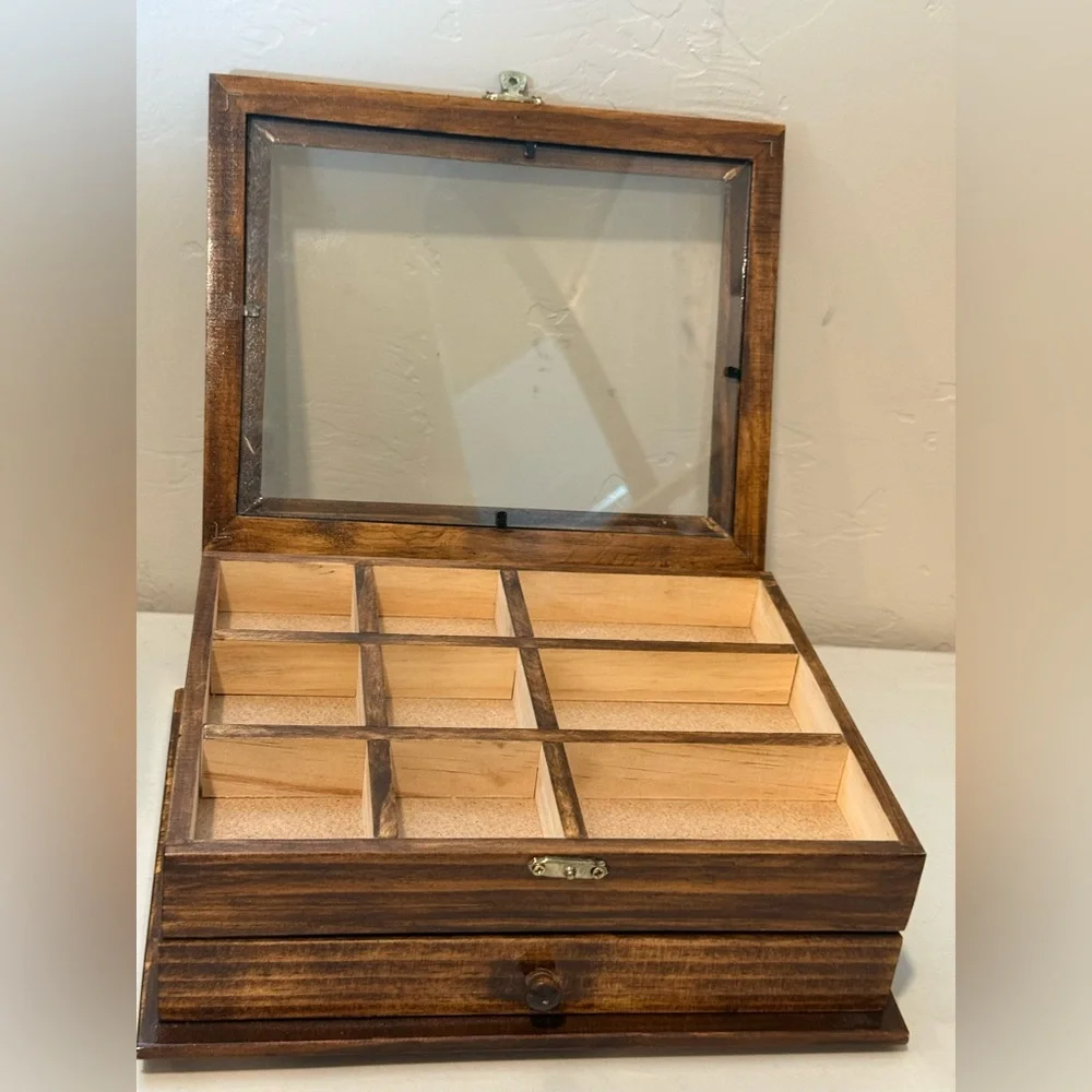 Wooden Brown Glass Jewelry Watch Box With Shelf Organizer